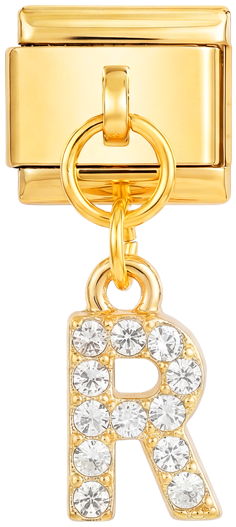 Letter R with stones, Hanging, on Gold - Letter-R-with-stones-hanging-on-gold.png