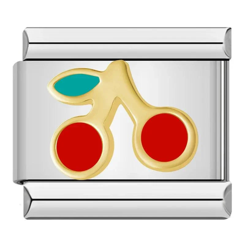 Pair of Red Cherries and Their Green Leaf - Charms Official