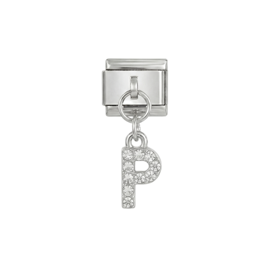 Lettre P, suspendue, sur argent