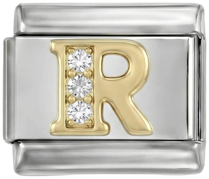 Letter R in Gold with Stones, on Silver - Letter-R-in-gold-with-stones-on-silver.png