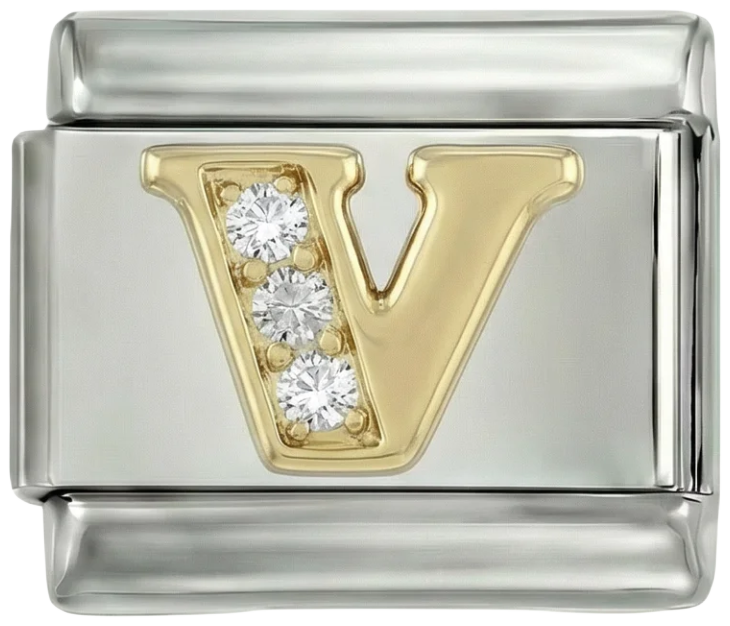 Letter V in Gold with Stones, on Silver - Letter-V-in-gold-with-stones-on-silver.png