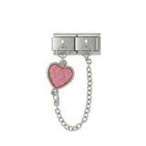 Pink Heart, Double Linked Charms, on Silver